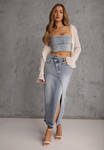 Niebieska Spódnica z Jeansu z Bawełną High Waist o Asymetrycznym Kroju Vikisla. Niebieskie spódnice Renee, l, bez wzorów, z bawełny, midi, asymetryczne. Za 119.99 zł.