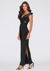 Sukienka z dżerseju z cekinami. Czarne sukienki bonprix, bez wzorów, z dżerseju, eleganckie, bez kołnierzyka, bez ramiączek. Za 299.99 zł.