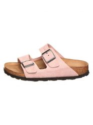 Birkenstock Skórzane klapki "Arizona" w kolorze jasnoróżowym rozmiar: 35. Różowe klapki Birkenstock, bez wzorów, ze skóry, z otwartym noskiem, bez obcasa. Za 415.31 zł.