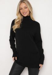 Czarny Golf z Wiskozą Zdobiony Wsuwanymi Kieszonkami Viaela. Czarne golfy Born2be, plus size, z aplikacjami, z jeansu, bez ramiączek. Za 84.99 zł.