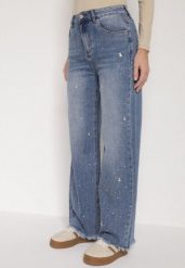 Niebieskie Jeansy z Szerokimi Nogawkami i Wysokim Stanem Zdobione Cyrkoniami Felira. Niebieskie jeansy Born2be, l, z aplikacjami, z podwyższonym stanem. Za 119.99 zł.