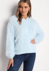Jasnoniebieski Sweter z Długim Włosiem i Dodatkiem Wełny Merithina. Niebieskie swetry Born2be, uniwersalny, bez wzorów, z dzianiny, bez ramiączek. Za 109.99 zł.