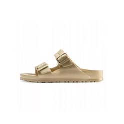 Klapki damskie Birkenstock Arizona Eva. Żółte klapki Birkenstock, bez wzorów, z materiału, bez obcasa. Za 291.00 zł.