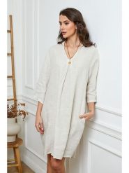 Fleur de Lin Lniana sukienka w kolorze beżowym rozmiar: XL. Brązowe sukienki Fleur de Lin, na co dzień, xl, bez wzorów, ze lnu, bez kołnierzyka, bez ramiączek, midi, proste. Za 180.49 zł.