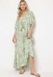 Jasnozielona Sukienka z Bawełny i Wiskozy w Abstrakcyjne Paski ze Sznurkiem w Talii Navarae. Zielone sukienki Born2be, na co dzień, l, bez wzorów, z bawełny, wizytowe, bez kołnierzyka, bez ramiączek, maxi, dopasowane. Za 129.99 zł.