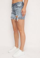 Jasnoniebieskie Bawełniane Szorty Jeansowe o Klasycznym Kroju z Wysokim Stanem i Przetarciami Vimishas. Niebieskie szorty Born2be, bez wzorów, z bawełny, eleganckie, z podwyższonym stanem. Za 59.99 zł.