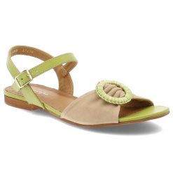 Sandały damskie Maciejka, skórzane na płaskim obcasie z broszką zapinane sprzączką, zielono-beżowe, 06957-09-00-1. Zielone sandały Maciejka, z aplikacjami, z materiału, eleganckie, bez obcasa, na płaskiej podeszwie, bez zapięcia. Za 289.00 zł.
