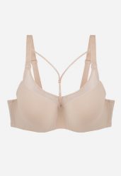 Jasnobeżowy Biustonosz z Siateczkową Wstawką i Ozdobnymi Paskami przy Dekolcie Sabesa. Brązowe biustonosze Renee, bez wzorów, z jeansu. Za 69.99 zł.