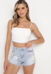 Niebieskie Szorty Jeansowe z Wysokim Stanem i Aplikacjami w Kształcie Kwiatów Vikiorian. Niebieskie szorty Born2be, z aplikacjami, z jeansu, z podwyższonym stanem. Za 89.99 zł.