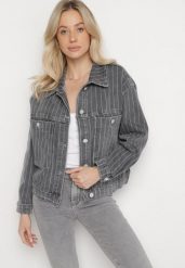 Szara Kurtka Jeansowa w Paski z Kieszeniami Ravilune. Szare kurtki Born2be, l, bez wzorów, z jeansu, bez kaptura. Za 149.99 zł.