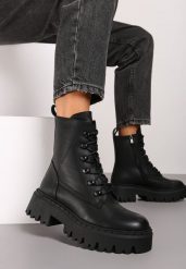 Czarne Masywne Botki Trapery na Platformie w Stylu Militarnym Verola. Czarne botki Born2be, bez wzorów, z dzianiny, bez obcasa, na platformie, bez zapięcia. Za 149.99 zł.