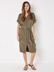 Apricot Sukienka w kolorze khaki rozmiar: M. Brązowe sukienki Apricot, na co dzień, m, bez wzorów, z tkaniny, bez kołnierzyka, bez ramiączek, midi, proste. Za 104.99 zł.