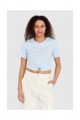 GUESS Niebieski t-shirt damski cropped fit piercing, Rozmiar M. Niebieskie t-shirty Guess, m, z aplikacjami, bez kołnierzyka, bez ramiączek. W wyprzedaży za 119.99 zł.