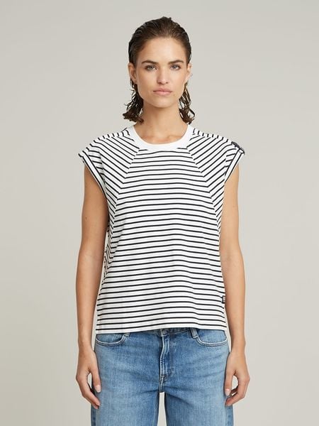 G-Star Koszulka w kolorze biało-granatowym rozmiar: M. Białe bluzki G-Star, m, bez wzorów, z bawełny, retro, bez kołnierzyka, bez ramiączek. Za 127.65 zł.