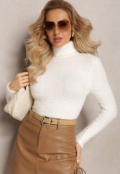 Biały Golf z Dzianiny z Długim Włosem i Dodatkiem Wełny Gerdonna. Białe golfy Renee, bez wzorów, z dzianiny, bez ramiączek. Za 64.99 zł.