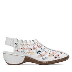 Sandały Rieker. Białe sandały Rieker, bez wzorów, bez obcasa, na koturnie, bez zapięcia. Za 339.99 zł.