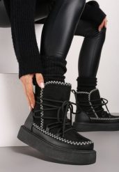 Czarne Śniegowce na Grubej Podeszwie Ozdobione Sznurowaniem Melindria. Czarne trapery i śniegowce Born2be, z jeansu. Za 64.99 zł.