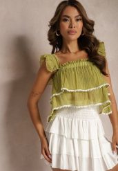 Jasnozielony Top na Ramiączkach z Falbankami i Możliwością Odpięcia Treviana. Zielone topy Renee, l, bez wzorów, bez kołnierzyka, bez ramiączek. Za 39.99 zł.