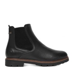 Botki Remonte. Czarne botki Remonte, bez wzorów, bez obcasa, na płaskiej podeszwie, bez zapięcia. Za 449.99 zł.