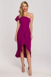 Koktajlowa sukienka na jedno ramię ołówkowa z falbaną fiolet. Sukienki Makover, na imprezę, m, bez wzorów, wizytowe, bez kołnierzyka, bez ramiączek, ołówkowe. Za 309.00 zł.