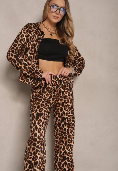 Brązowy Komplet Dresowy w Panterkowy Print Bluza i Spodnie o Szerokim Kroju Zelhira. Brązowe bluzy Renee, m, bez wzorów, z dresówki. Za 79.99 zł.