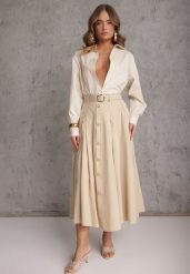 Beżowa Rozkloszowana Spódnica z Kieszonkami i Paskiem z Klamrą Qualea. Brązowe spódnice Renee, na co dzień, l, bez wzorów, z bawełny, eleganckie, midi, dopasowane. Za 119.99 zł.