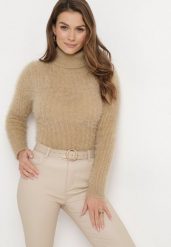 Beżowy Puchaty Golf z Wełną i Długim Rękawem Bullame. Brązowe golfy Born2be, bez wzorów, z wełny, bez ramiączek. Za 49.99 zł.