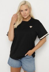 Czarny Bawełniany T-shirt o Kroju Oversize ze Zdobieniem przy Rękawach Milatia. Czarne t-shirty Born2be, l, z aplikacjami, z bawełny, bez kołnierzyka, bez ramiączek. Za 49.99 zł.