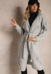 Szary Kardigan Bez Zapięć z Wełną i Wiskozą o Tłoczonym Splocie z Wiązanym Paskiem Vaimella. Szare kardigany Renee, l, bez wzorów, z wełny. Za 114.99 zł.