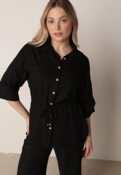 Czarna Koszula z Bawełną i Lnem Ozdobiona Wycięciami i Ściągana w Pasie Harwinds. Czarne koszule Born2be, m, z aplikacjami, z bawełny, biznesowe, bez kołnierzyka, bez ramiączek. Za 139.99 zł.