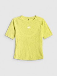 4F Koszulka treningowa slim szybkoschnąca damska - zielona L. Zielone bluzki 4f, l, bez wzorów, z materiału, bez kołnierzyka, bez ramiączek. Za 119.99 zł.