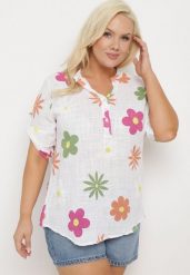 Biała Koszula z Lnu i Bawełny w Kwiaty z Krótkim Rękawem Ambubia. Białe koszule Born2be, plus size, bez wzorów, z bawełny, bez kołnierzyka, plus size, bez ramiączek. Za 79.99 zł.