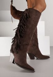 Ciemnobrązowe Kozaki Kowbojki z Imitacji Zamszu z Frędzlami i Stożkowym Obcasem Rafilea. Brązowe kozaki Renee, z koronki, bez obcasa, na obcasie, bez zapięcia. Za 189.99 zł.
