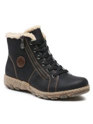 Rieker Botki Z0121-00 Czarny. Czarne botki Rieker, bez wzorów, z materiału, bez obcasa, na płaskiej podeszwie, bez zapięcia. Za 258.99 zł.