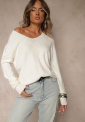 Biały Sweter z Wełną i Wiskozą z Trójkątnym Dekoltem Kaitte. Białe swetry Renee, bez wzorów, z jeansu, bez ramiączek. Za 109.99 zł.