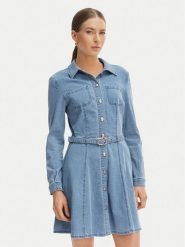 Morgan Sukienka jeansowa 261-RODEX Niebieski Slim Fit. Niebieskie sukienki Morgan, bez wzorów, z bawełny, bez kołnierzyka, bez ramiączek. Za 429.99 zł.