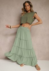 Zielona Rozkloszowana Spódnica z Gumką w Talii Zdobiona Falbanami Dovinelle. Zielone spódnice Renee, na co dzień, l, z aplikacjami, eleganckie, maxi, rozkloszowane. Za 49.99 zł.
