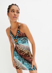 Sukienka z dżerseju w fasonie o linii litery A. Niebieskie sukienki bonprix, na lato, z aplikacjami, z dżerseju, eleganckie, bez kołnierzyka, bez ramiączek. Za 137.99 zł.