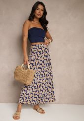 Granatowo-Beżowa Rozkloszowana Spódnica z Wiskozy High Waist Fevanice. Niebieskie spódnice Renee, na co dzień, m, bez wzorów, z jeansu, eleganckie, maxi, rozkloszowane. Za 44.99 zł.