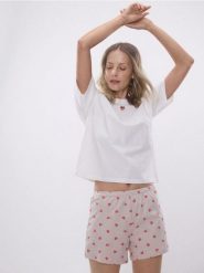 Dwuczęściowa piżama z serduszkami - beżowy. Brązowe piżamy Reserved, bez wzorów, z bawełny, bez ramiączek. Za 79.99 zł.