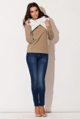 Beżowa Bluza z Kontrastowym Kołnierzem. Brązowe bluzy Katrus, l, bez wzorów, z bawełny, bez kaptura. Za 189.00 zł.
