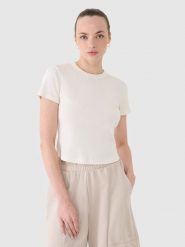 4F T-shirt slim z prążkowanej dzianiny damski - biały XL. Białe t-shirty 4f, xl, bez wzorów, z bawełny, bez kołnierzyka, bez ramiączek. W wyprzedaży za 39.99 zł.