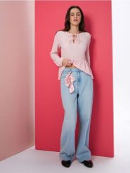 Jeansy wide leg high waist z materiałowym paskiem - niebieski. Niebieskie jeansy Sinsay, l, bez wzorów, z podwyższonym stanem. Za 69.99 zł.