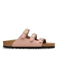 Birkenstock Skórzane klapki "Florida" w kolorze jasnoróżowym rozmiar: 37. Różowe klapki Birkenstock, bez wzorów, z nubiku, z otwartym noskiem, bez obcasa. Za 430.07 zł.