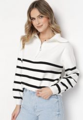 Biało-Czarny Golf Sweter Zapinany na Suwak w Paski Sakine. Białe golfy Born2be, m, bez wzorów, bez ramiączek. Za 119.99 zł.