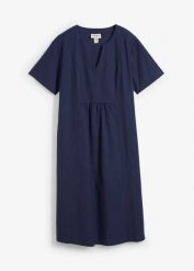 Sukienka tunikowa z kieszeniami, z materiału z domieszką lnu. Niebieskie sukienki bonprix, bez wzorów, bez kołnierzyka, bez ramiączek. Za 149.99 zł.
