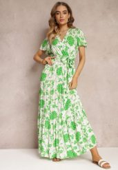 Zielona Sukienka w Kwiaty z Paskiem i Gumką w Talii z Wiskozy Agletina. Zielone sukienki Renee, l, bez wzorów, z wiskozy, bez kołnierzyka, bez ramiączek, maxi. Za 79.99 zł.