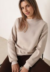 Beżowa Bluza Klasyczna z Polarową Podszewką Embri. Brązowe bluzy Born2be, l, z aplikacjami, z jeansu, bez kaptura. Za 49.99 zł.