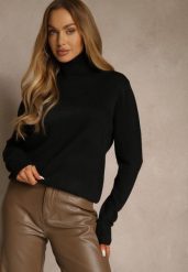 Czarny Casualowy Golf z Bawełną i Wełną Reillisa. Czarne golfy Renee, bez wzorów, z bawełny, bez ramiączek. Za 69.99 zł.