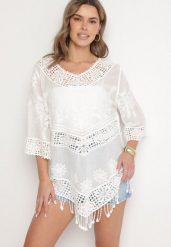Biała Bawełniana Bluzka Oversize w Stylu Boho z Haftem i Koroną Maivienne. Białe bluzki Born2be, bez wzorów, z bawełny, boho, bez kołnierzyka, bez ramiączek. W wyprzedaży za 67.99 zł.